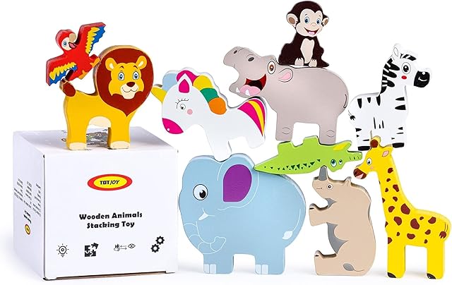 TOTJOY Montessori Toys for 2 year Old 18 Months Boys Girls Educational Chunky Wooden Animals Stacking Unicorn Wild Animals Balancing Blocks Sensory Toys Early Development Stacking Animals 2+ year olds