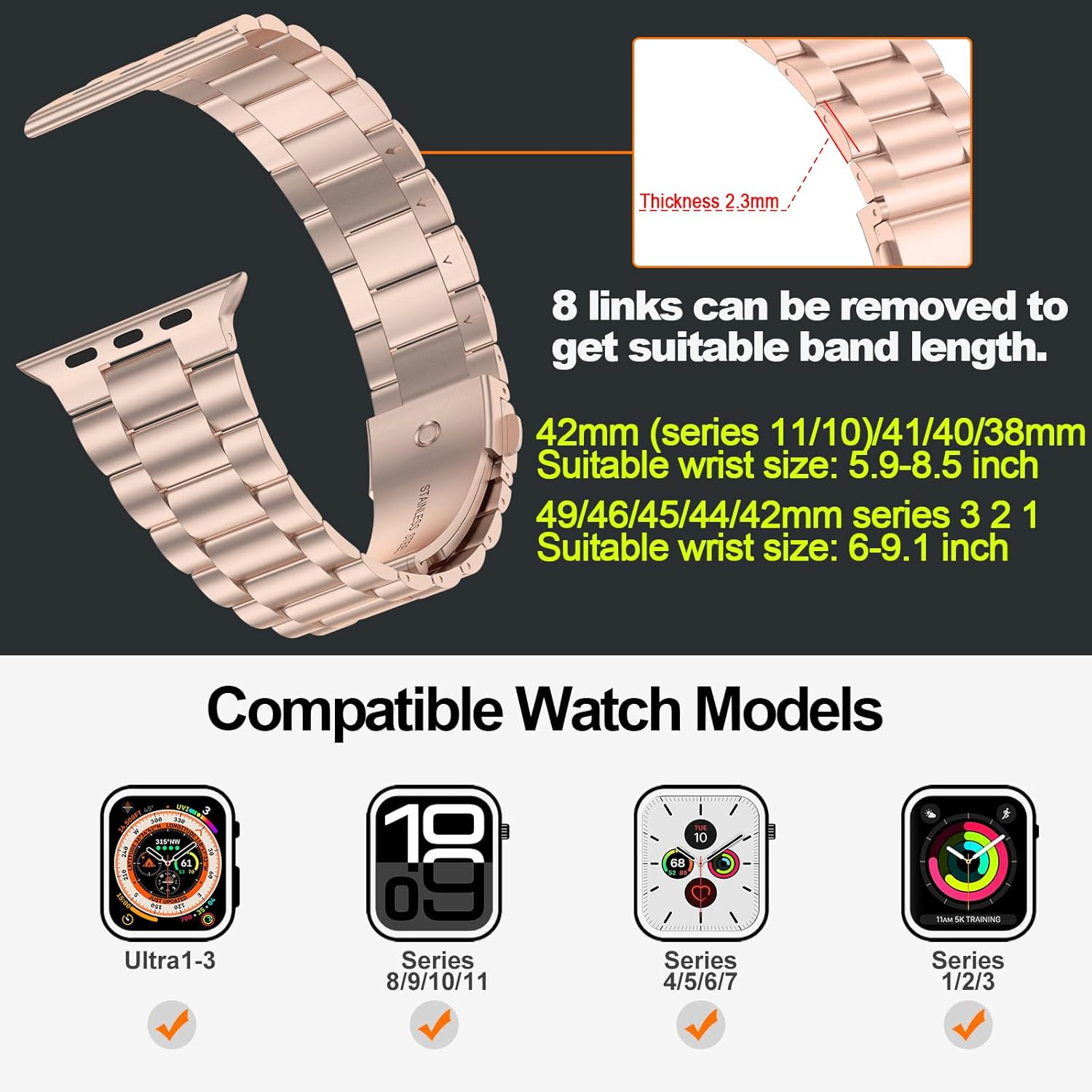 iiteeology Lightweight Stainless Steel Band Designed for Apple Watch Series 1-11, 42mm, 41mm, 40mm, 38mm, SE2&SE3, Replacement iWatch Bands for Women, Rose Gold - Image 4