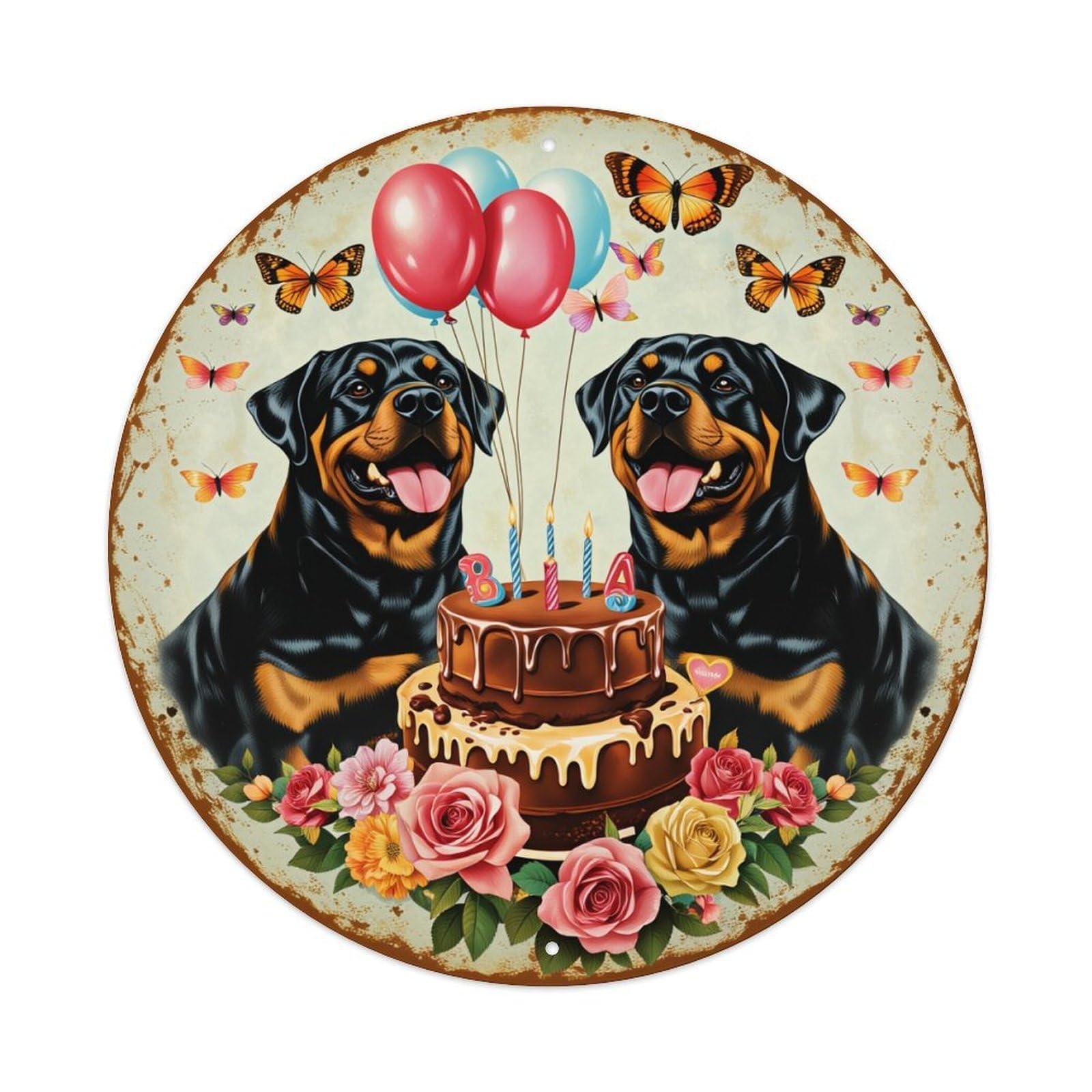 Rottweiler Birthday Cake Balloons Butterflies Round Tin Sign Retro Metal Sign for Cafe Bar Pub Home Game Room Gym Club Wall Decoration Vintage Metal Poster 8x8 Inch