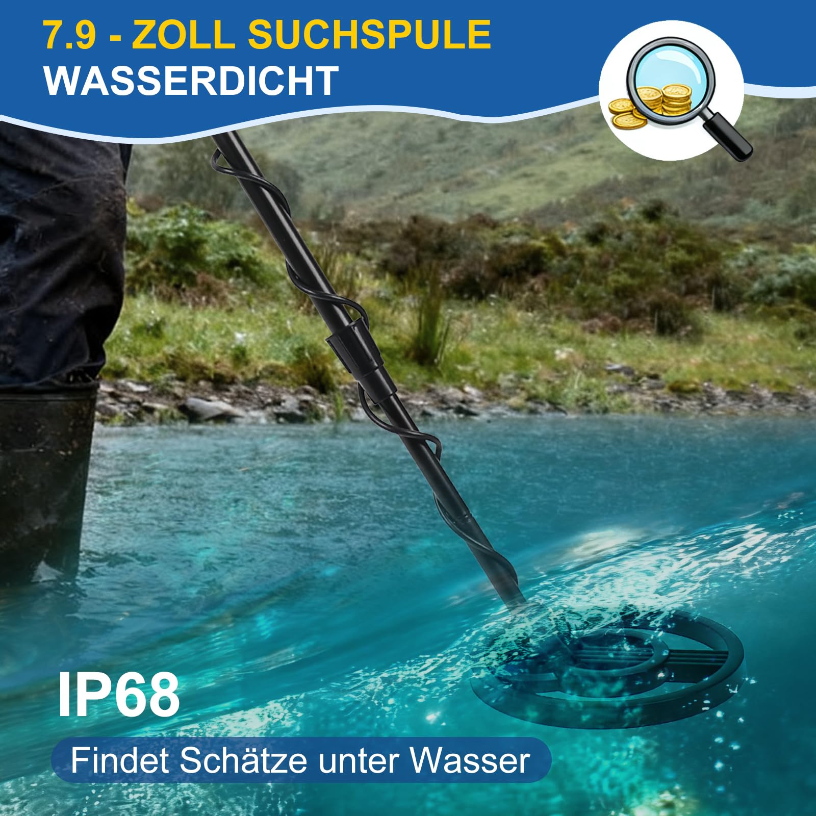 Metalldetektor, Metalldetektor Profi für Erwachsene Anfänger und Kinder - Leichter Hochpräziser Metalldetektoren mit Schaufel, Batterie & Wasserdichter Suchspule verstellbarem Länge (78–107 cm)
