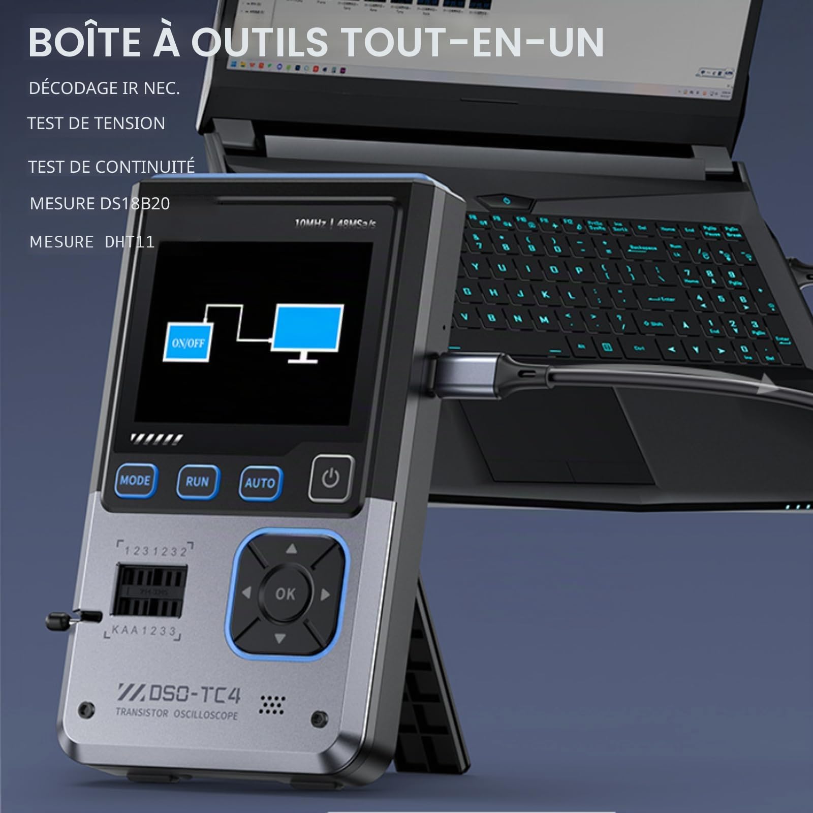 Oscilloscope DSO-TC4, oscilloscope portable 3 en 1, testeur de transistors générateur de signaux bande passante de 10MHz fréquence d'échantillonnage de 48 Méch./s multimètre avec écran TFT 2,8 pouces