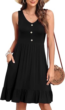 Womens Dresses Summer Midi Sundresses Casual Round Neck Pleated Ruffle Hem Knee Length Sleeveless Tank Dress with Pockets Black