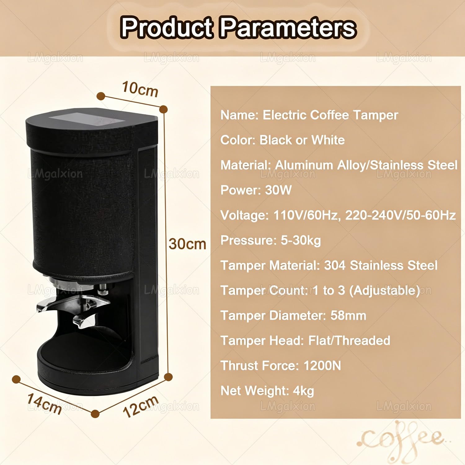 Pressino Elettrico per caffè Professionale,58 Mm,Intervallo di Pressione 5-30Kg,1-3 Pressature Regolabili,con Sensore Automatico,Adatto per Bar,Cucine di Hotel E Ristoranti White-Flat