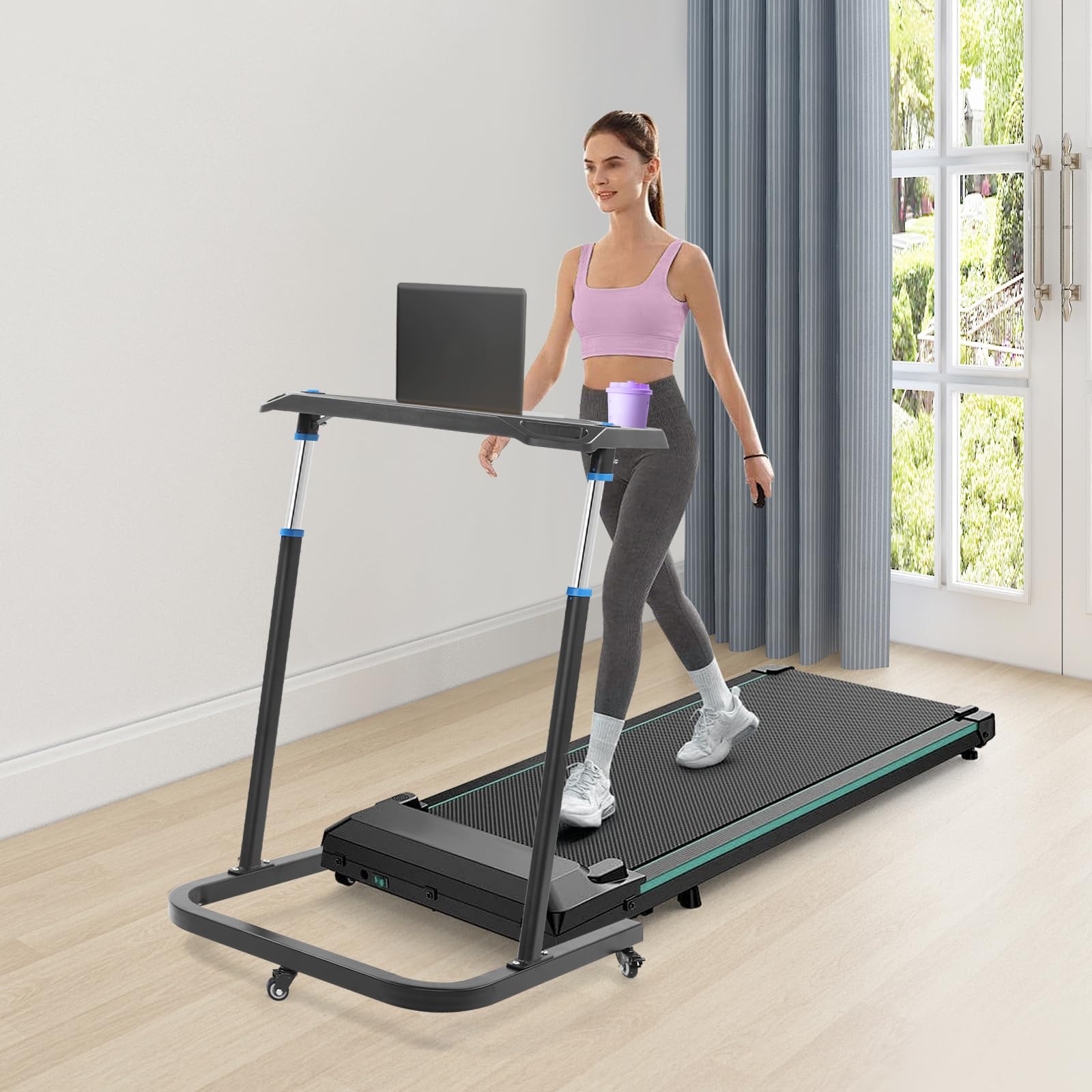 Fahrrad Trainingstisch Höhenverstellbar Rollentrainer Schreibtisch mit Feststellbaren Rollen, rutschfeste Arbeitsfläche, Tablet/Smartphone Halterung & 2 Getränkehalter, für Indoor Cycling Heimtrainer