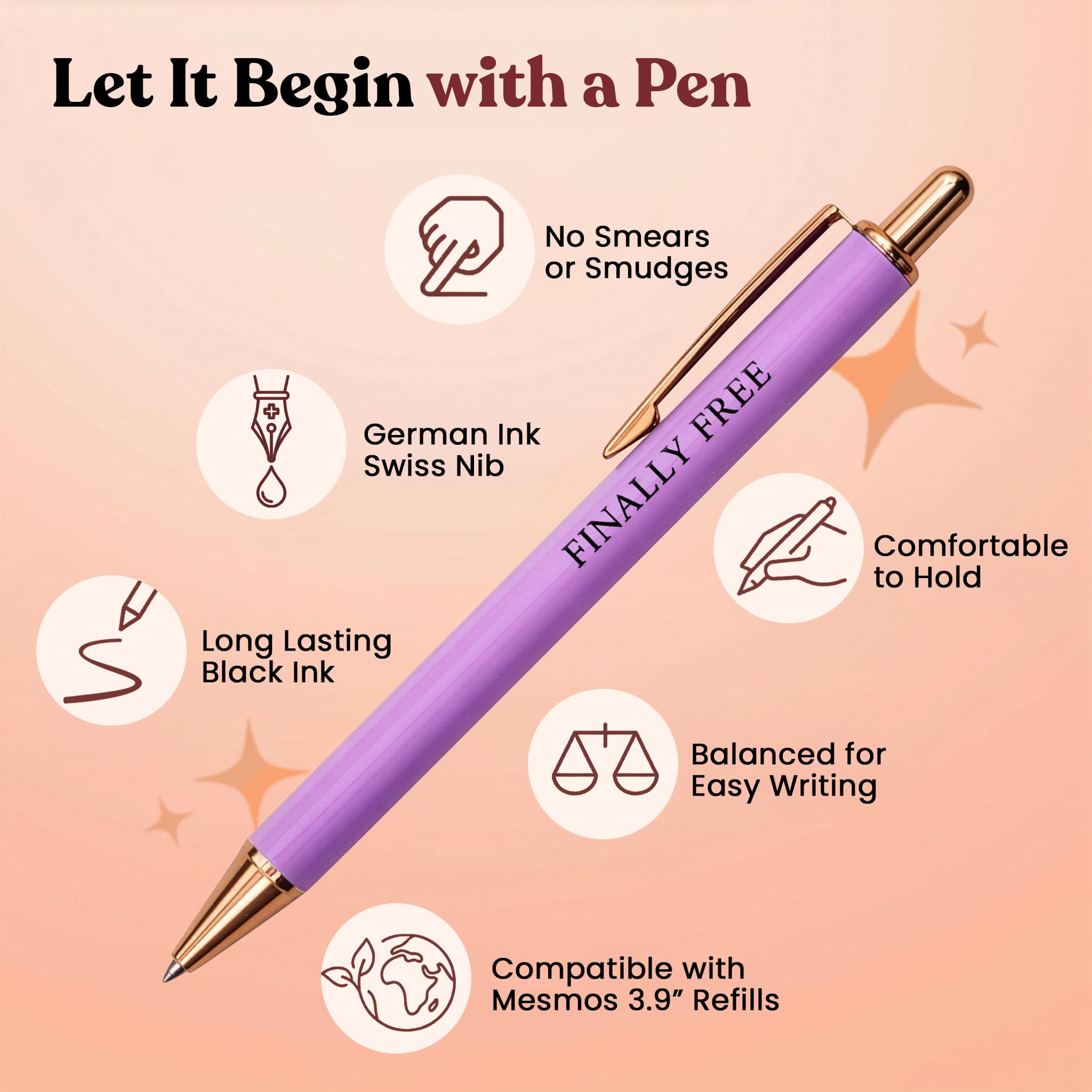 MESMOS 3pcs High End Luxury Happy Divorce Gifts for Women, Strong Woman Gifts, Gift to Cheer Someone up Women, Break up Gift for woman, Boss, & Friends. German-Ink & 1mm Swiss-Tip Motivational Pens