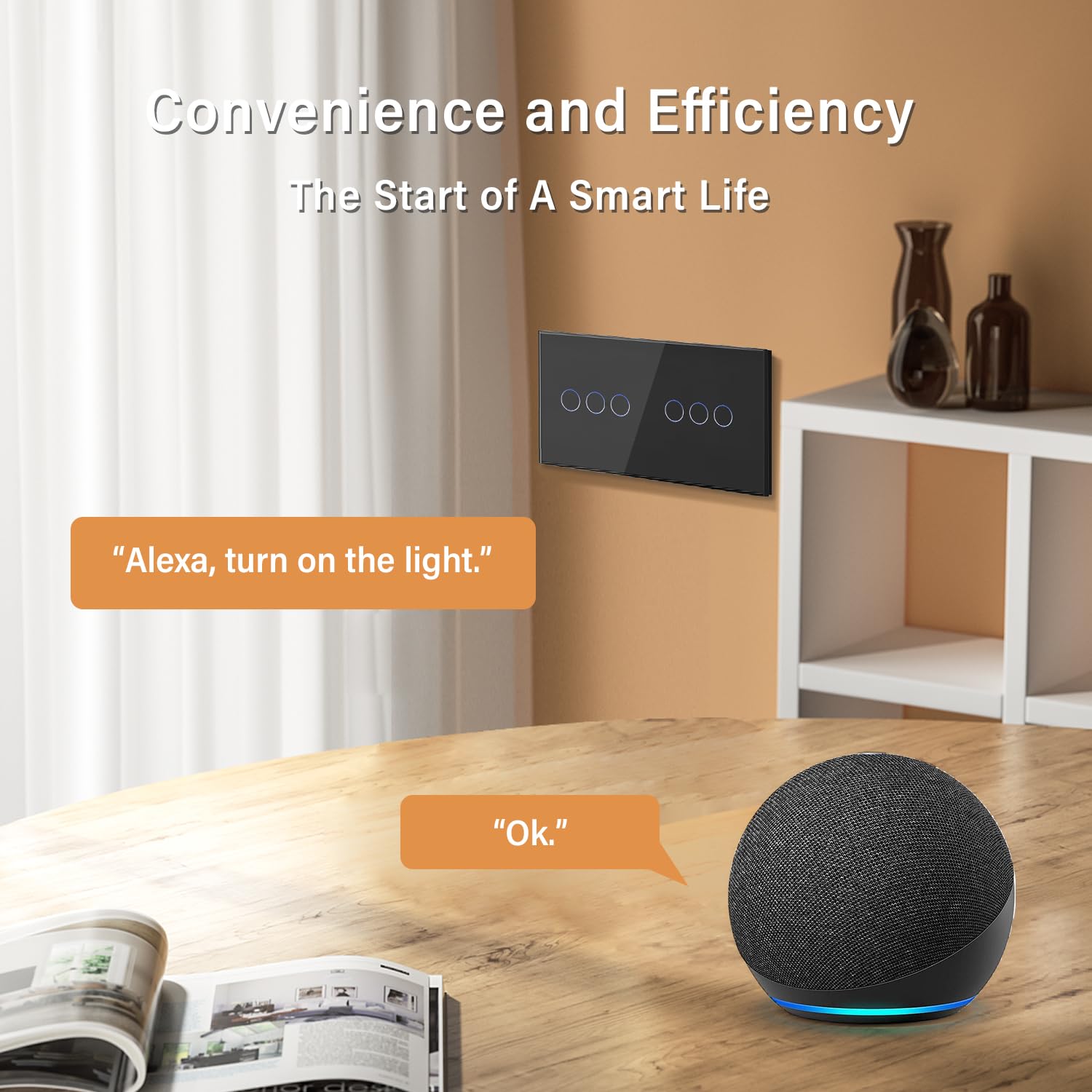 BSEED Smart Alexa, interruttore della luce da parete, 157 mm, doppio singolo, live WiFi, interruttore neutro, non necessario, 3 vie, vetro compatibile Tuya, nero