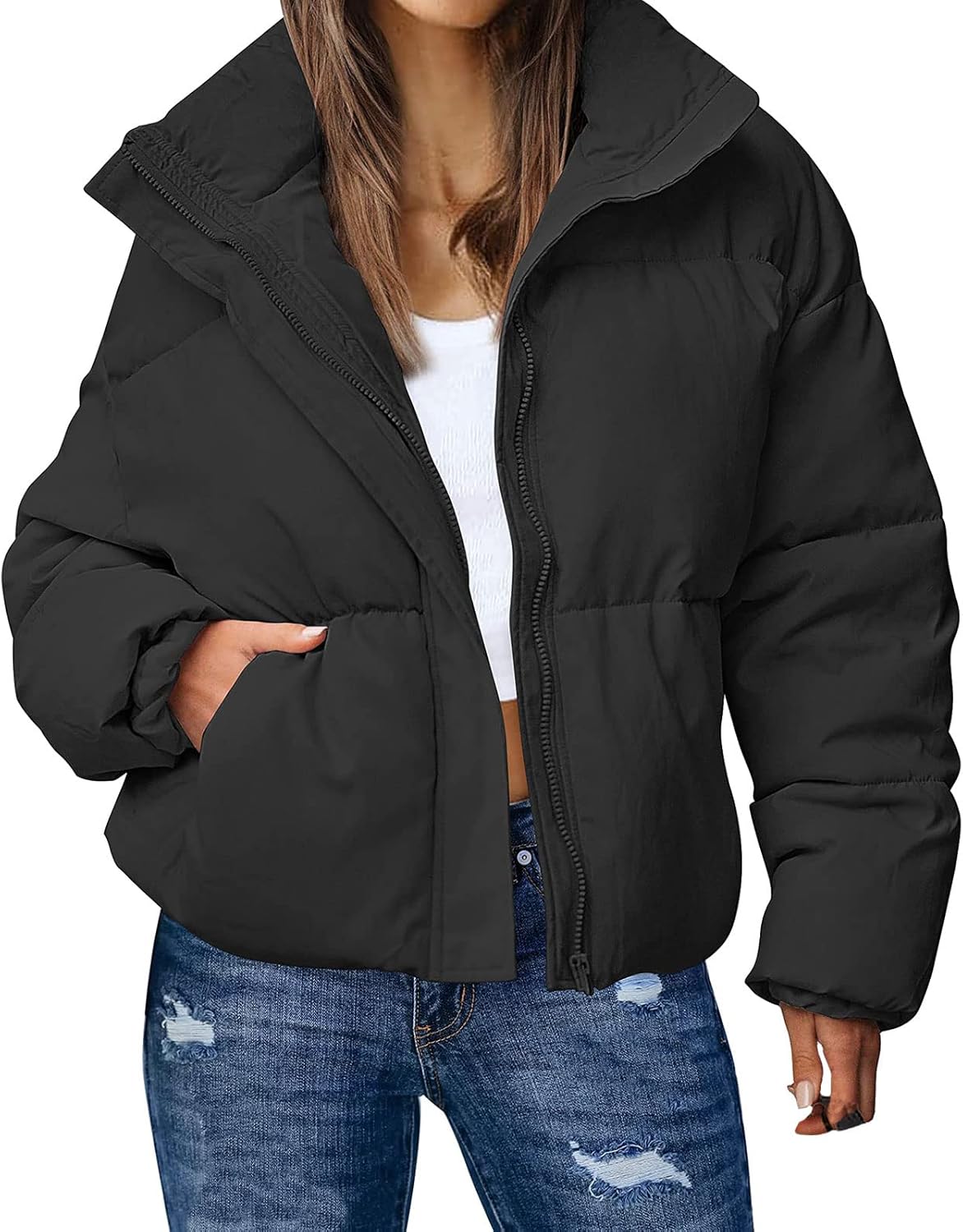 Gihuo Women's Winter Warm Puffer Jacket Stand Collar Baggy Zip Up Short Quilted Jacket Outerwear(Black-XL)