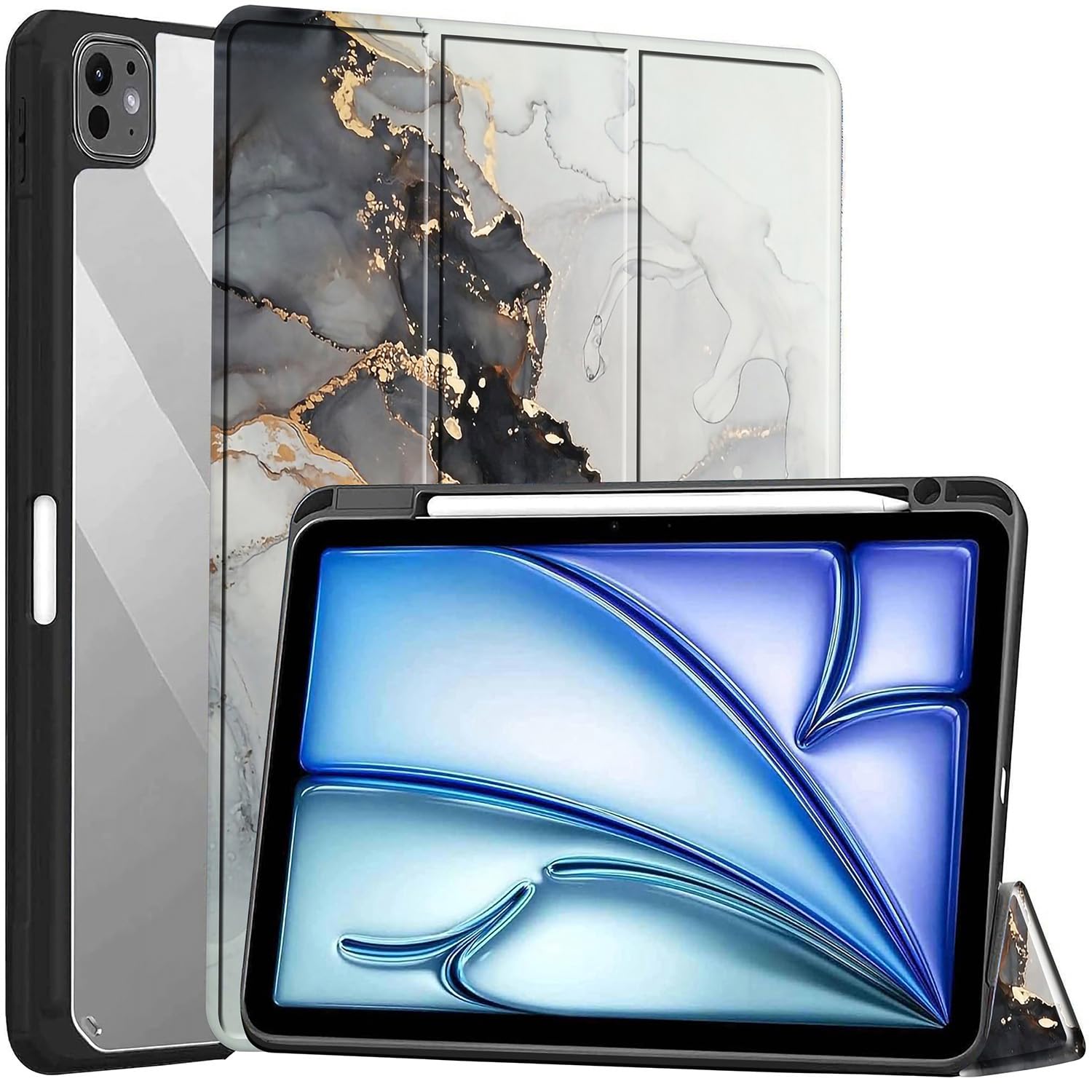 ProElite Case for iPad Air 11 Inch M4/M3/M2 2026/2025/2024, iPad Air 10.9 inch 5th/4th Gen & iPad Pro 11 inch 4th/3rd Gen 2022 case Cover, Transparent Smart Flip Cover with Pencil Holder, Marble Grey-image-15