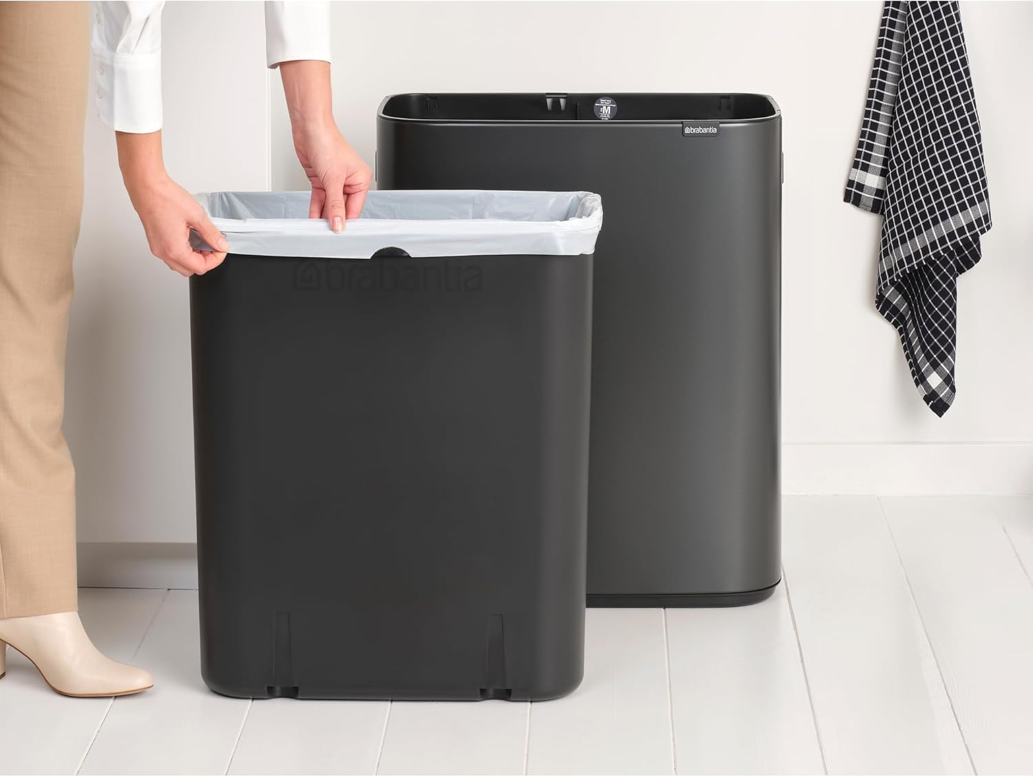 Brabantia Bo Touch Top Kitchen Trash Can with Single Compartment | Confident Gray | 16 Gal Inner Bucket | Soft-Close Garbage Can, Light Touch Opening, Stay-Open Lid | Fits Against Wall | + Trash Bags