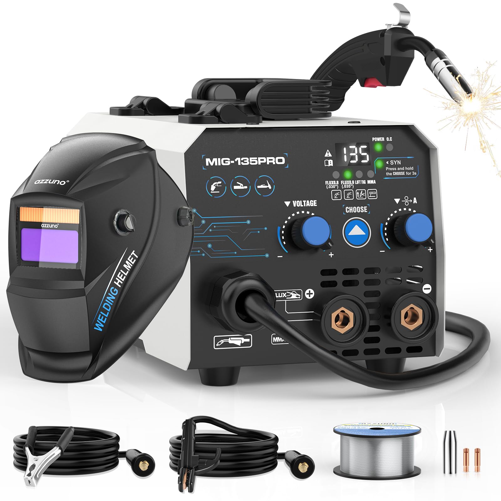 AZZUNO Flux MIG Welder 135A with Auto Darkening Welding Helmet, 110V 3 in 1 Welder Machine with Flux Core Gasless MIG/Lift TIG/Stick Welding Machine, Portable Wire Feed Welder
