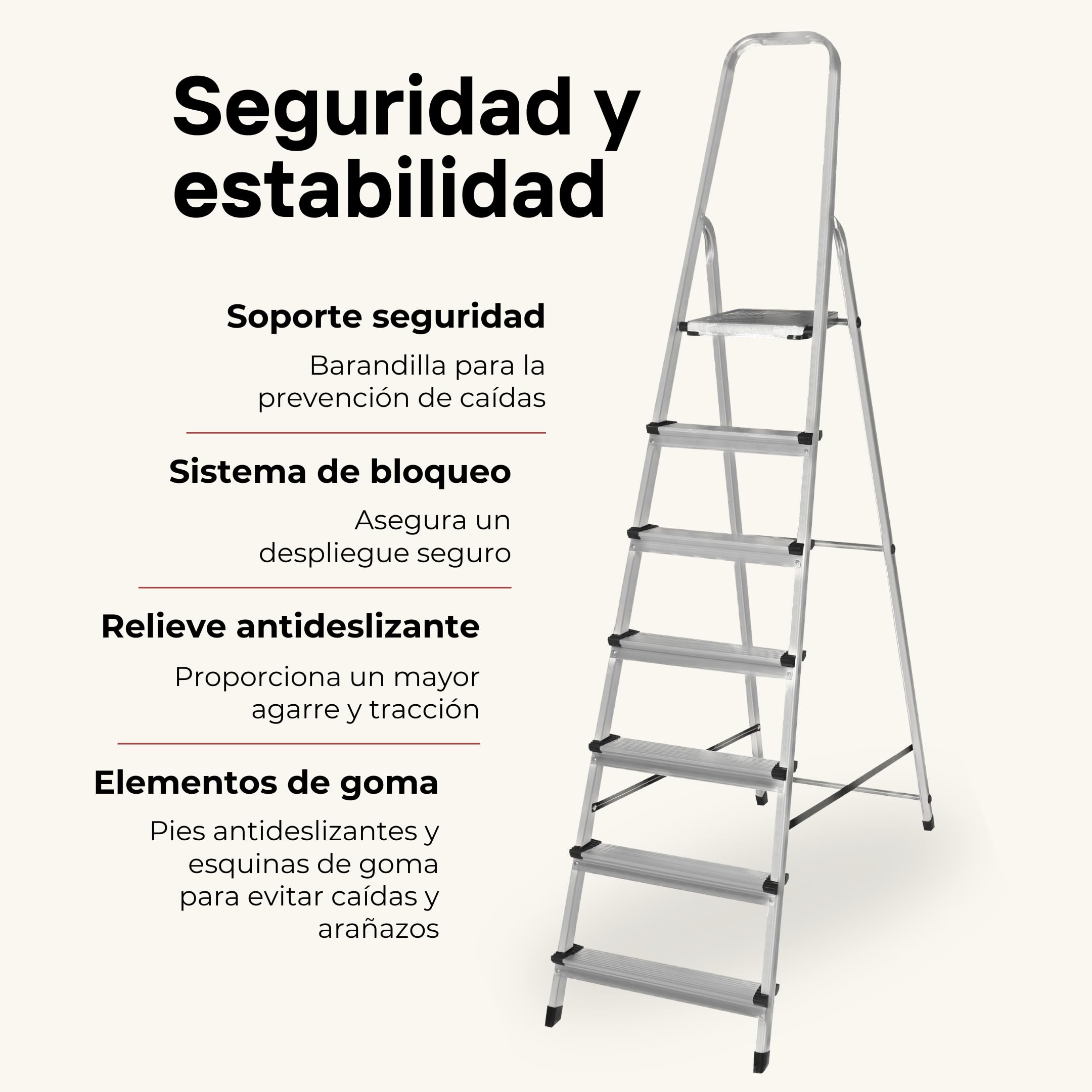 Escalera Plegable 7 Peldaños de Aluminio Homologada - Fabricada en Europa - Antideslizante, Resistente y Segura - Carga máx. 150 kg, Altura útil: 147 cm