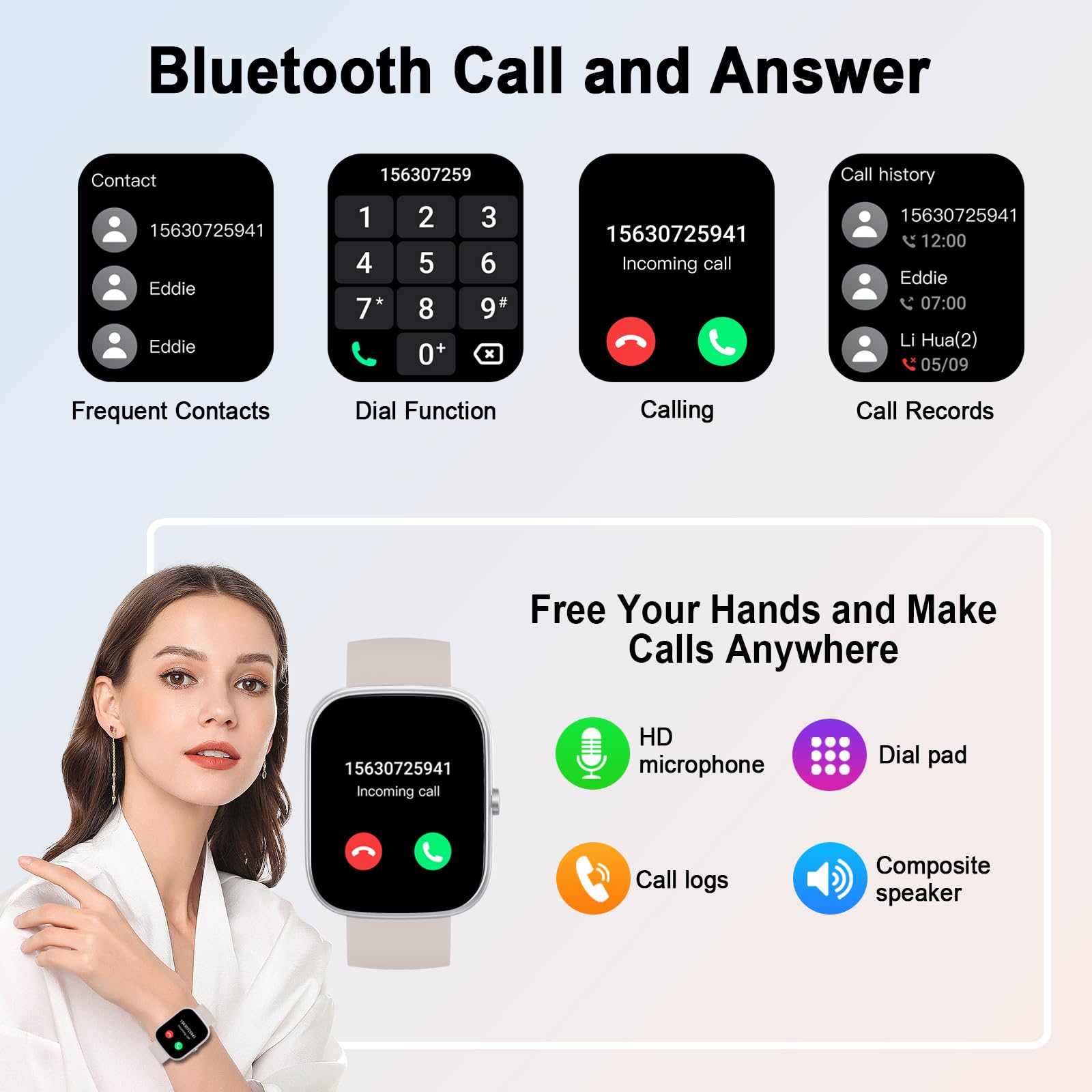 Smartwatch Uomo Donna, 1.91" Orologio Fitness con Effettua/Risposta Chiamate, 110+ Sportive Fitness Tracker, Sonno Cardiofrequenzimetro, Contapassi/Calorie/Impermeabil IP68 Smart Watch, Argento-Beige