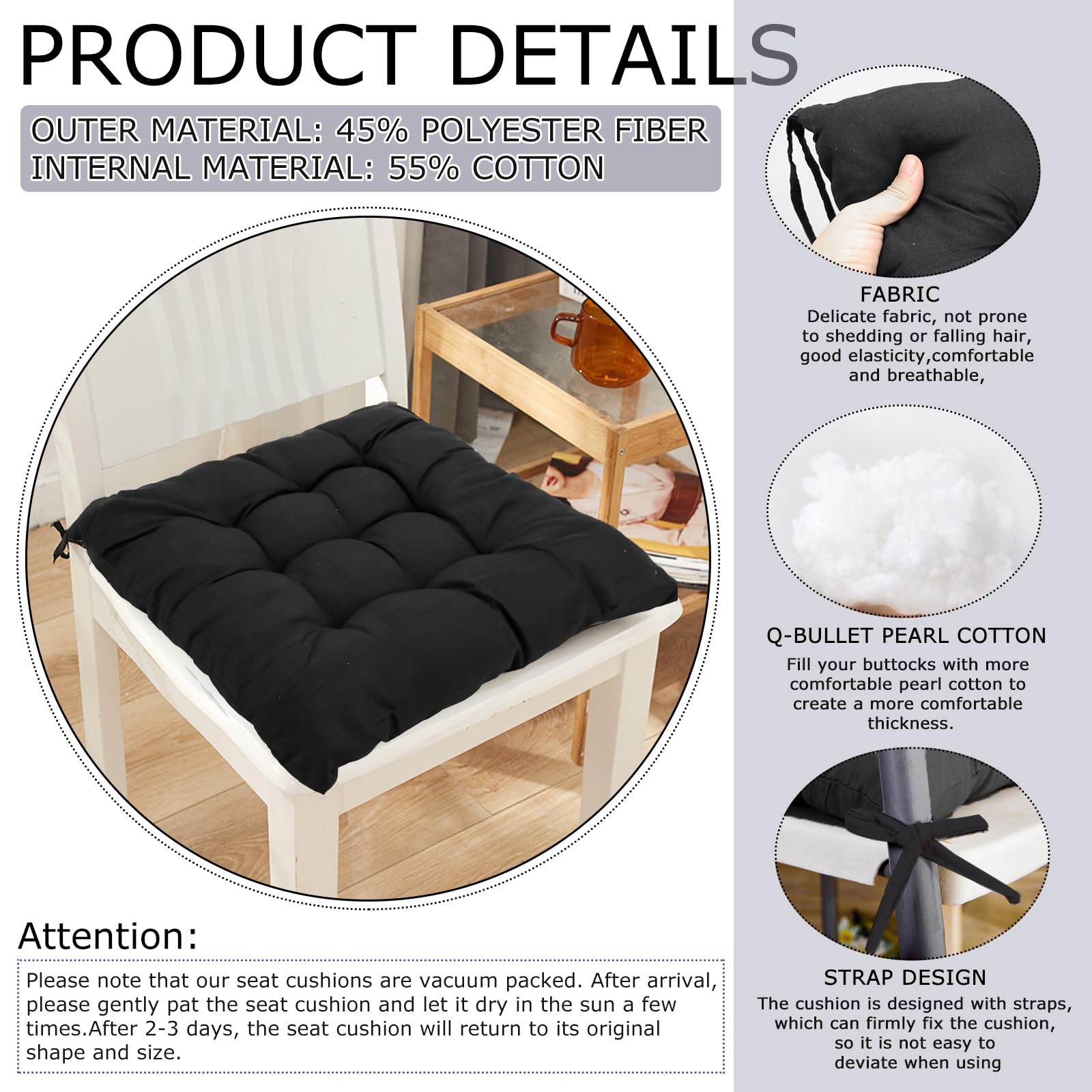 Juego de 4 cojines para silla, 36 x 36 cm, para exteriores, con lazos, para interior y exterior, color negro