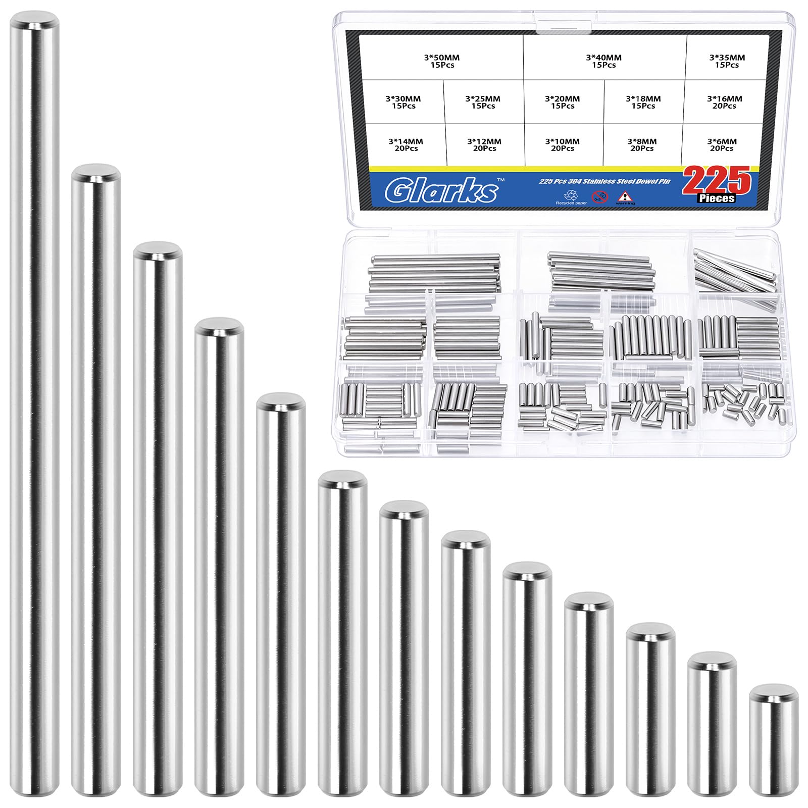 Glarks 225pcs M3 Solid Dowel Pins Kit, 13 Sizes Stainless Steel Cylindrical Shelf Support Peg Pin Rod Fastener, Parallel Dowel Pin Fastener for Machinery Manufacturing, Furniture Installation