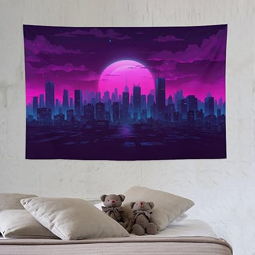 Miniatura 6 de QEOPGNE Tapiz de pared grande con diseño de ondas de vapor púrpura con ondas de vaporizador y paisaje urbano Synthwave Retrowave para dormitorio