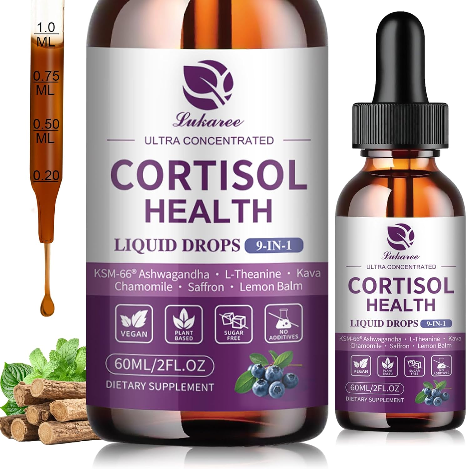 Cortisol Supplements for Women, Cortisol Reducer Manager Detox with KSM-66® Ashwagandha, Kava, Lemon Balm & Vitamin C B5 B6, Lower Cortisol, Hormone Harmony Liquid Drops, 2 FL.OZ, Blueberry Flavor