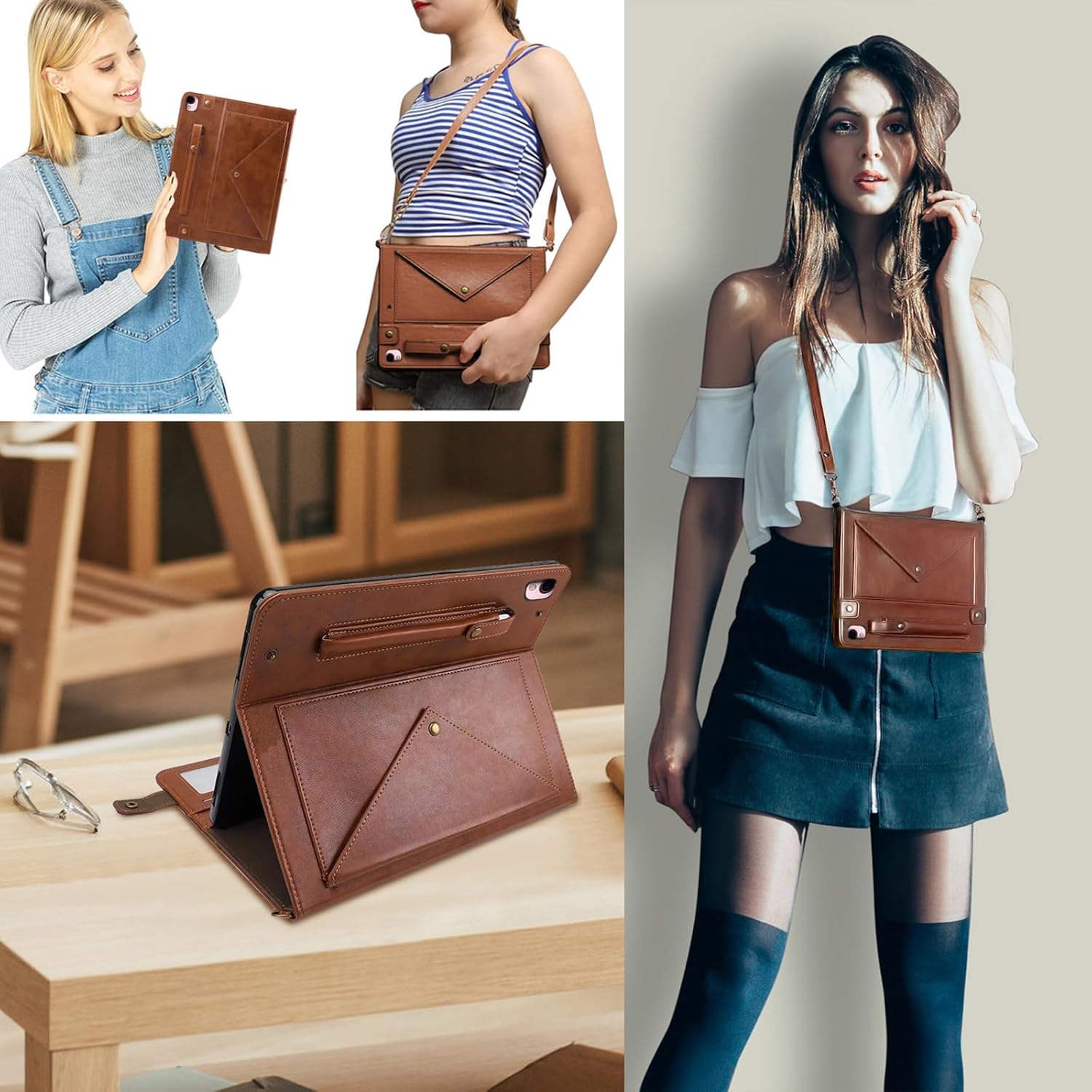 for iPad 9th/8th/7th Generation Crossbody Handbag Stand Case with Pencil Holder/Pockets [Shoulder Strap/Hand Strap] Magnetic Wallet Envelope Cover for iPad 10.2 inch 2021/2020/2019, Coffee