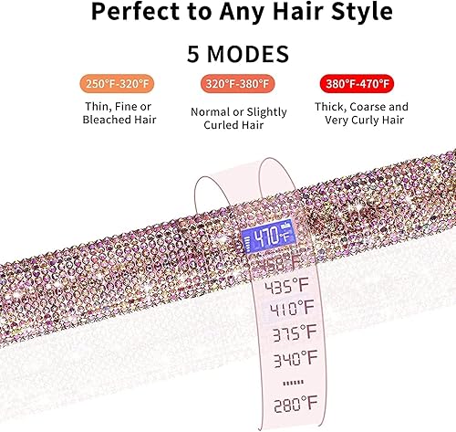 Miniatura 5 de Plancha plana de titanio con hermoso diamante de imitación de cristal, alisador y rizador 2 en 1, apagado automático de 60 minutos, pantalla LCD de