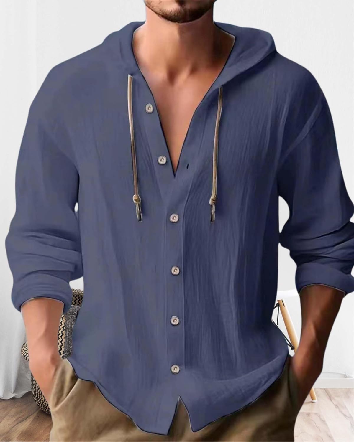 Cotton Linen Hoodie for Men Summer Casual Long Sleeve Button Down Hawaiian Beach Shirt Tops with Hood - Image 2