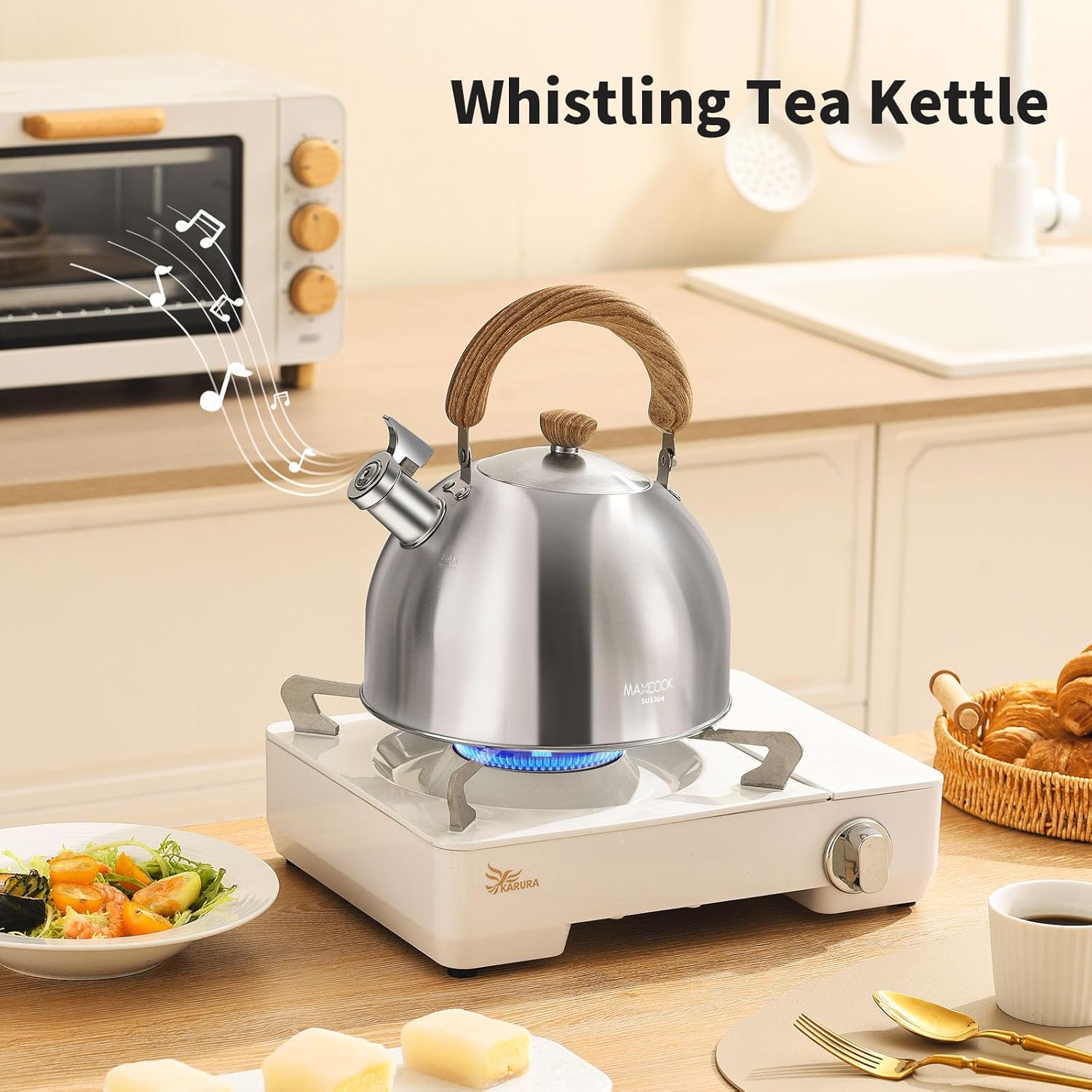 18/8 Stainless Steel Tea Kettle for Stovetop (4L / 4.23 Quart Whistling Tea Pot, Wood Handle)-Silver
