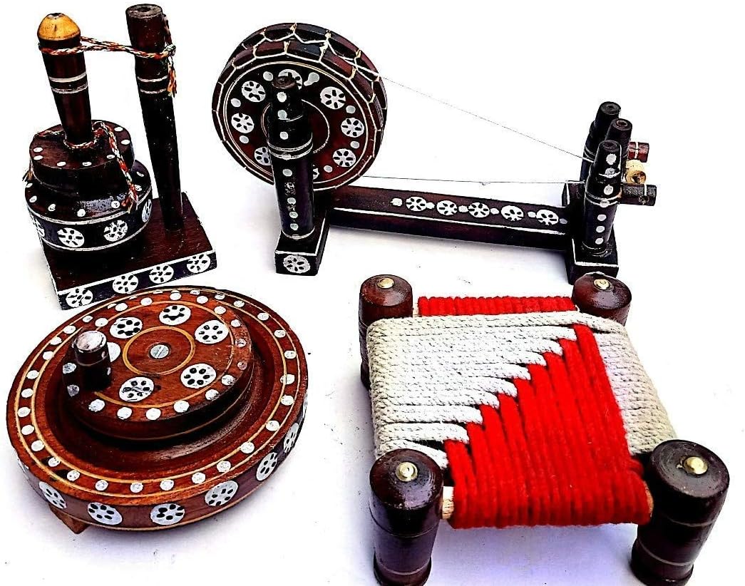 Wooden Punjabi Culture Showpiece Full Set Charkha, Chakki, Madhani, Peedi Full Set
