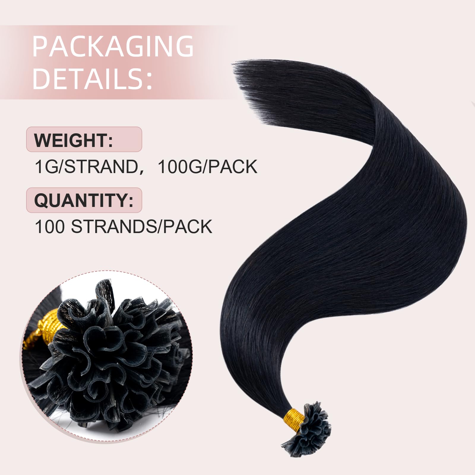 Silk-co U Tip Pre Bonded Hair Extensions Strands Keratin Nail Tip Straight Human Hair Extensions U tip Real Remy Hair 100 Strands Keratin Nail Til 22"-100g #01 Jet Black - Image 2