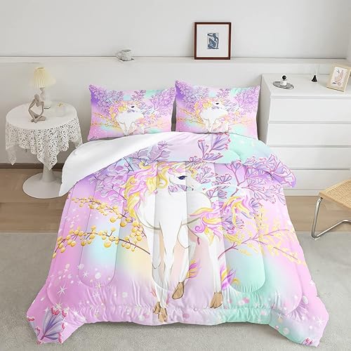 CVHOUSE Juego de ropa de cama de unicornio arcoíris para niñas, niños, adolescentes, edredón tamaño matrimonial, juego de edredón, decoración de