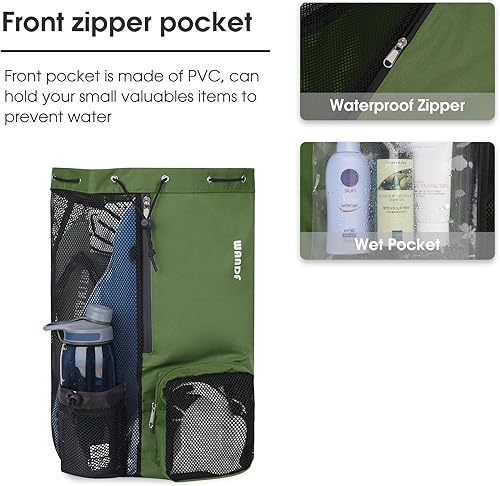 Vista 62 de WANDF Mochila de malla con cordón y bolsillo húmedo para natación, gimnasio y equipo de entrenamiento Negro