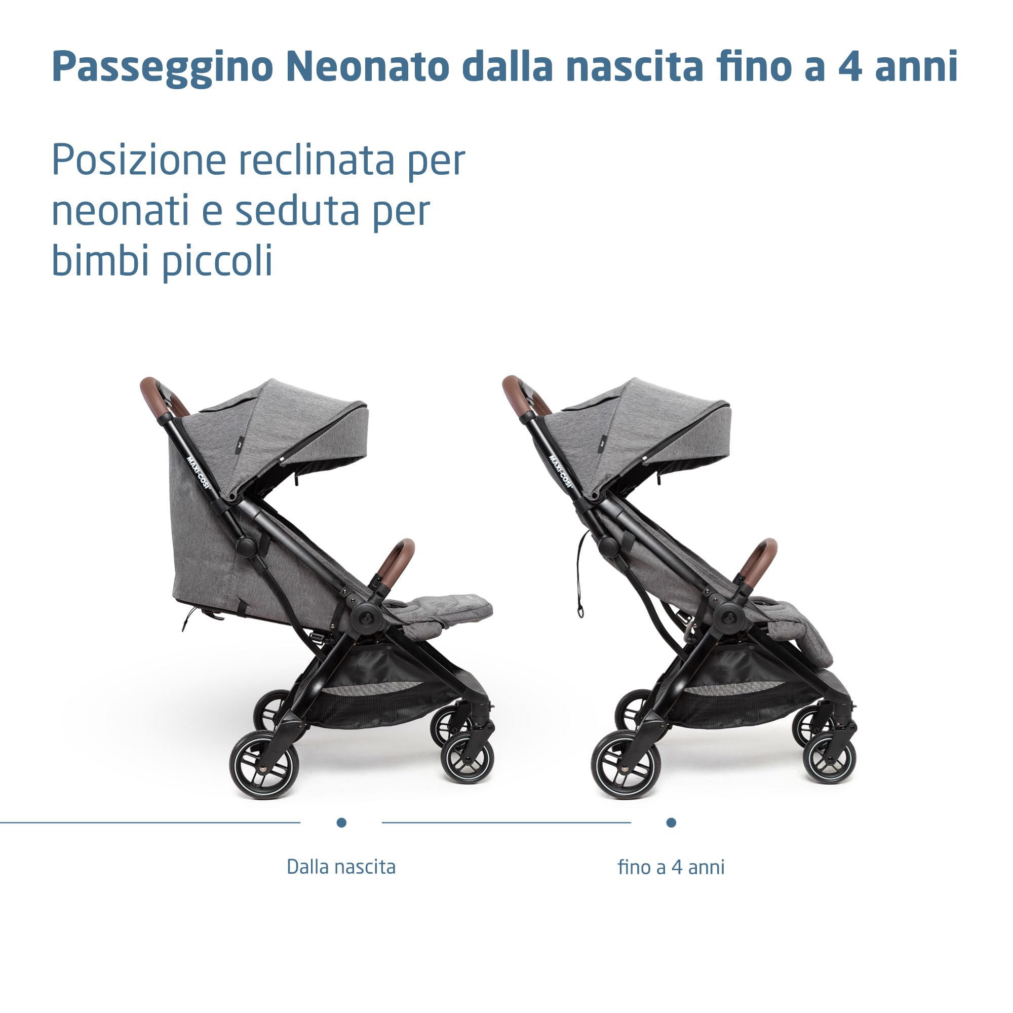 Maxi-Cosi Eva3, Passeggino per Bambini 0-4 anni (22 kg), Passeggino Leggero e Compatto, Reclinabile 3 Posizioni, Passeggino da Viaggio Chiusura Automatica, Tracolla, Select Grey