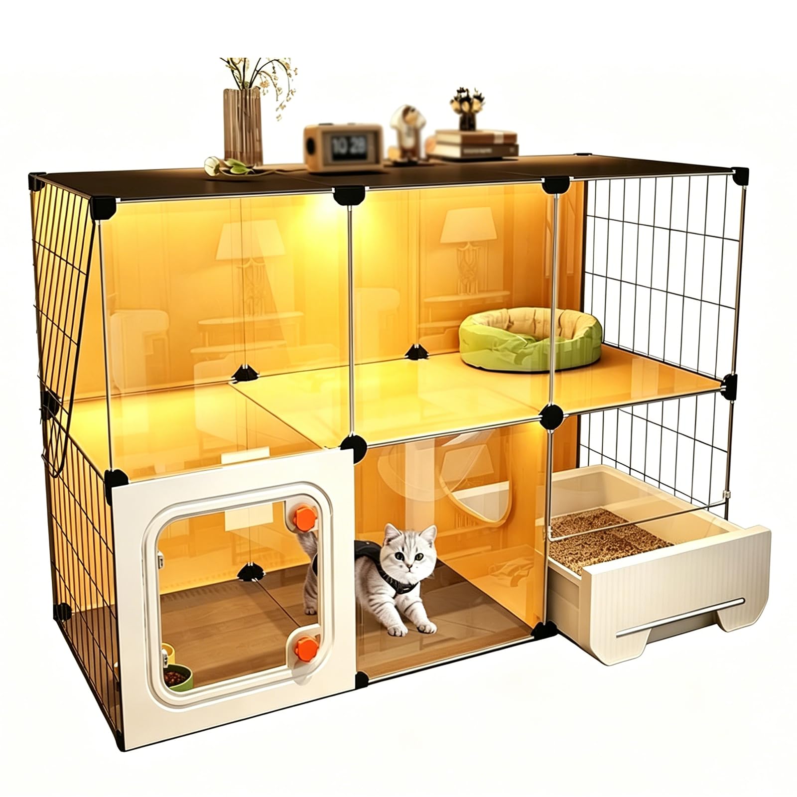 Cat House Indoor Large Cat Cage with Cats Toilet,Outdoor Cat Cages Indoor Cats Bed with Litter Box, Litter Scoop,Cat Bed,Cat Bowl,Easy Installation (K-106x46x71cm)