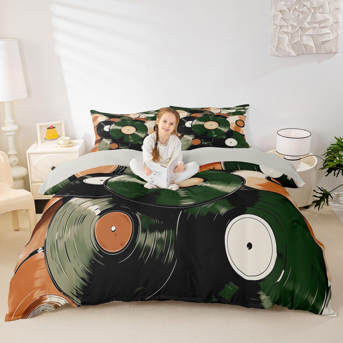 Homewish Set di biancheria da letto per letto super king size con dischi in vinile vintage e copripiumino semplice e alla moda per amanti della musica
