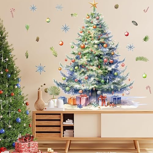 Miniatura 4 de 64.96 x 59.05 pulgadas, calcomanías de pared grandes de acuarela para árbol de Navidad, removibles, bricolaje, acuarela, árbol de Navidad,