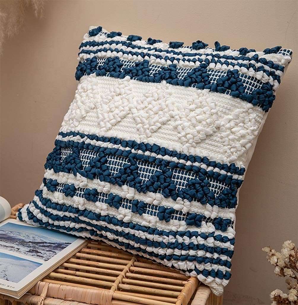 Fennco Styles Handmade Geometric Cotton Blend Decorative Throw Pillow Cover 18" W x 18" L - Blue Woven Pillow Case for Home, Couch, Bedroom, Office and Boho Décor