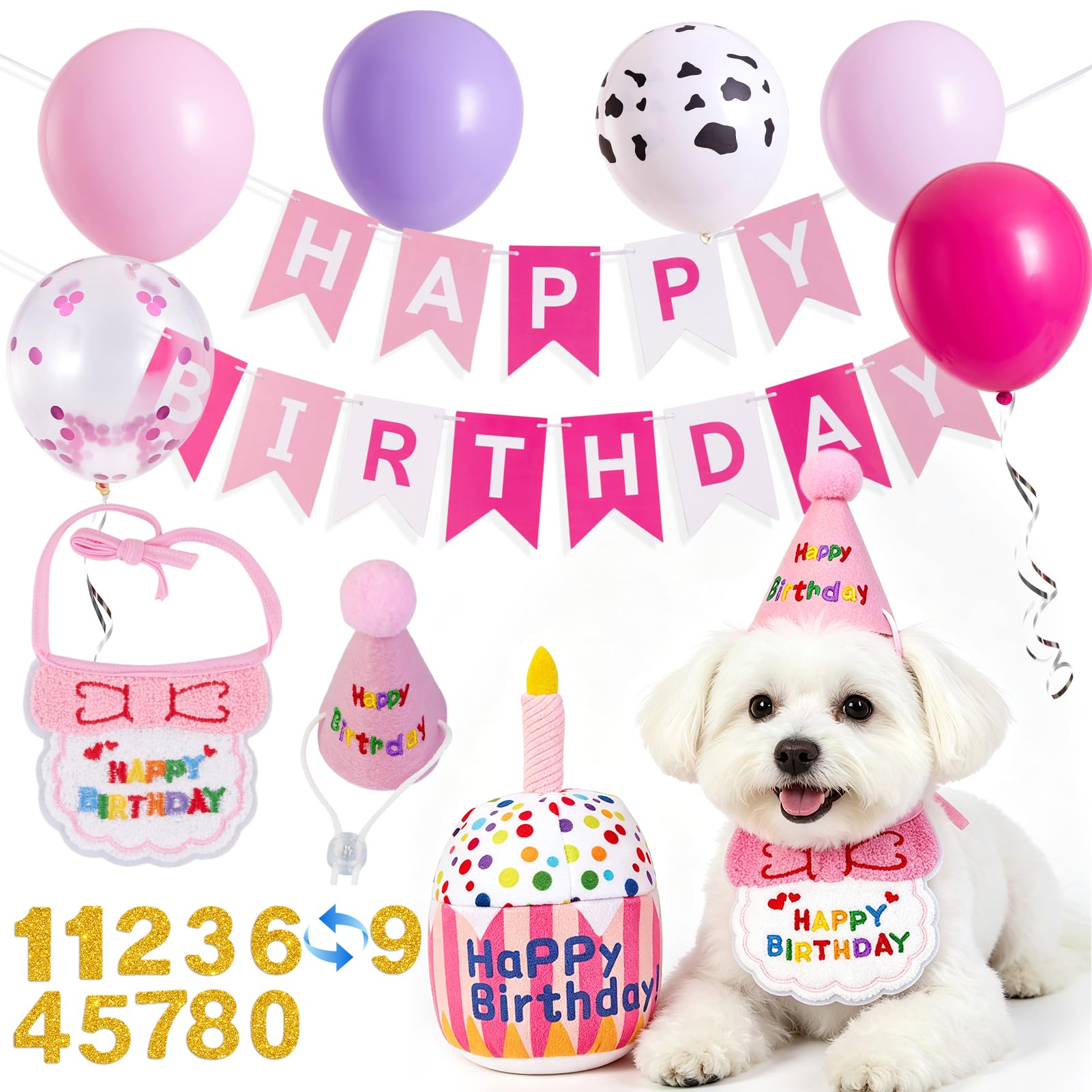 13 PCS Dog Birthday Decorations Dog Birthday Party Supplies Kit Pink