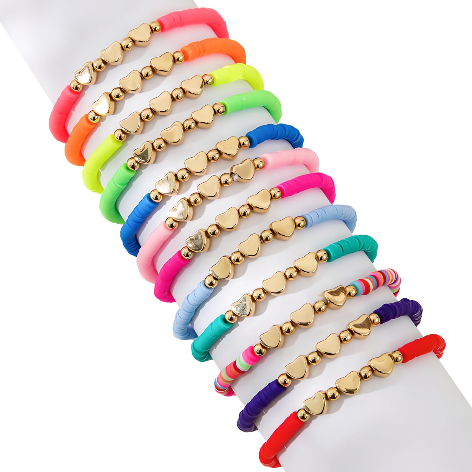 GALAMAX 12 PCS Friendship Bracelets, Adjustable Colorful Girls Bracelets, Cute Heart Flat Polymer Clay Bead Bracelets, Inspirational String Bracelets for Girls Women for Birthday Party Festive