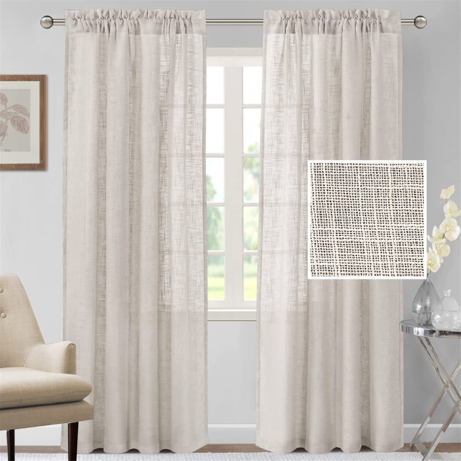 Leinen Vorhang Natürliche Leinenmisch vorhänge für Wohnzimmer Sackleinen Strukturierte Leinenoptik vorhänge Halb transparente Vorhänge mit Kräuselband 2 Paneele (Natürlich,2X 132x240 cm)