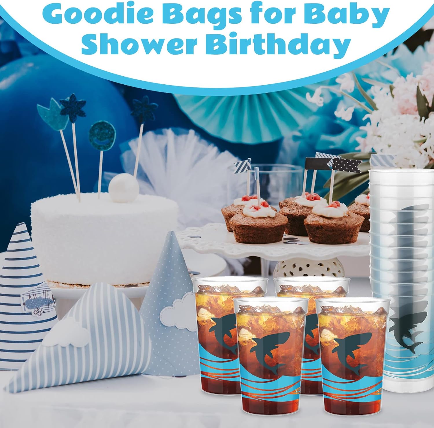 Bokon Shark Cups 12 Oz Ocean Reusable Plastic Stadium Cup Shark Party Favors for Birthday Party Supplies Decorations Adult(48 Pcs)
