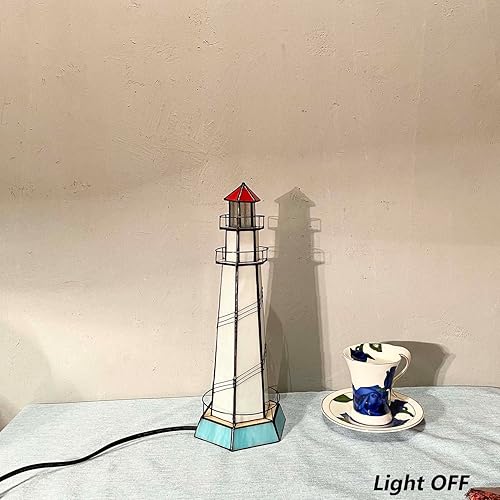 Miniatura 4 de Bieye L10871 Lighthouse Tiffany Style - Lámpara de mesa decorativa con vitrales, luz nocturna para decoración del hogar (5.5x5.5x15, azul)