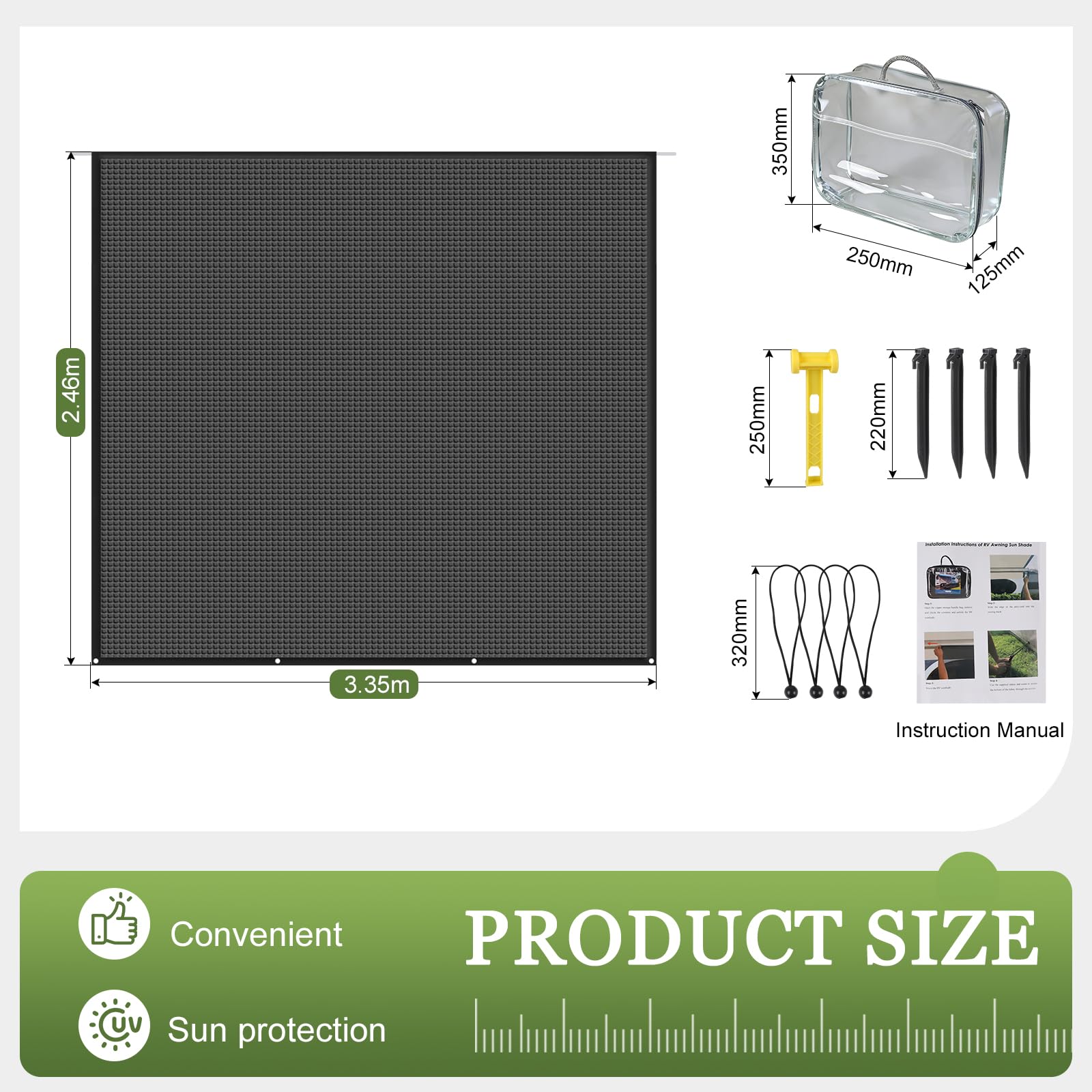 Auvent Caravane Universelle 2.46 x 3.35 m, Store Banne Camping Car Exterieur, Auvent Fourgon Aménageé, Protection Contre Les UV, Imperméable, Protection de la Vie Privée