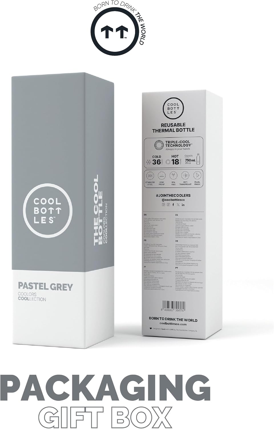 Cool Bottles - Stainless Steel Drinking Bottle - 750 ml - Pastel Grey - 30.5 x 8 cm - Thermal Cold Drinks 36 Hours and Hot Drinks 18 Hours - Triple-Cool Technology - BPA Free