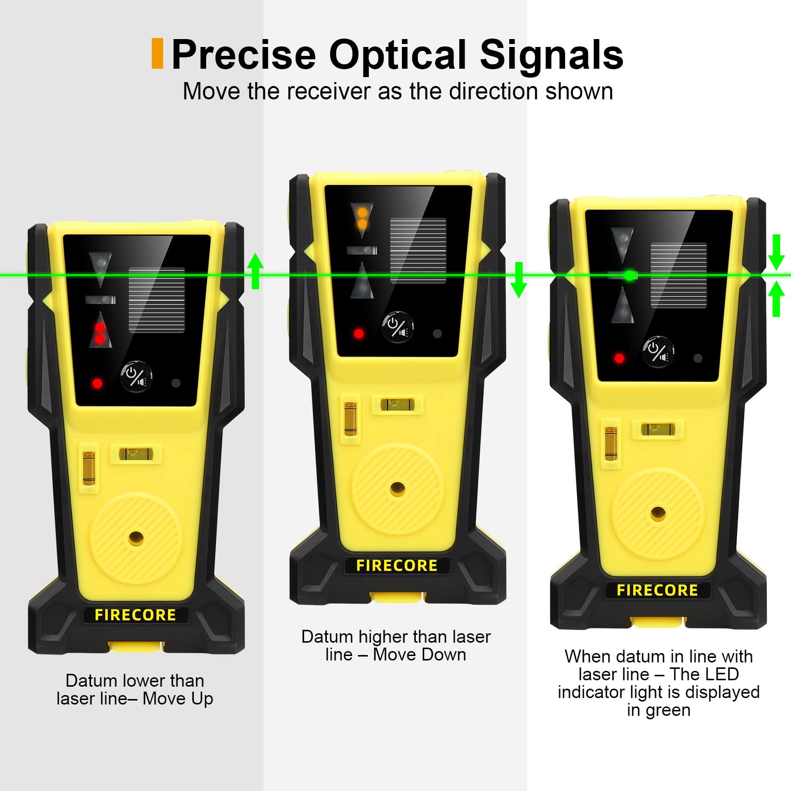 Receptor láser Firecore para detección de láser verde y rojo, detector láser con pantalla LED, con dos burbujas horizontales - FD30