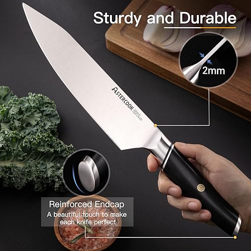 Miniatura 9 de Astercook Cuchillo de chef, cuchillo de cocina profesional de 8 pulgadas, mango de ABS, apto para lavavajillas, acero inoxidable alemán de alto