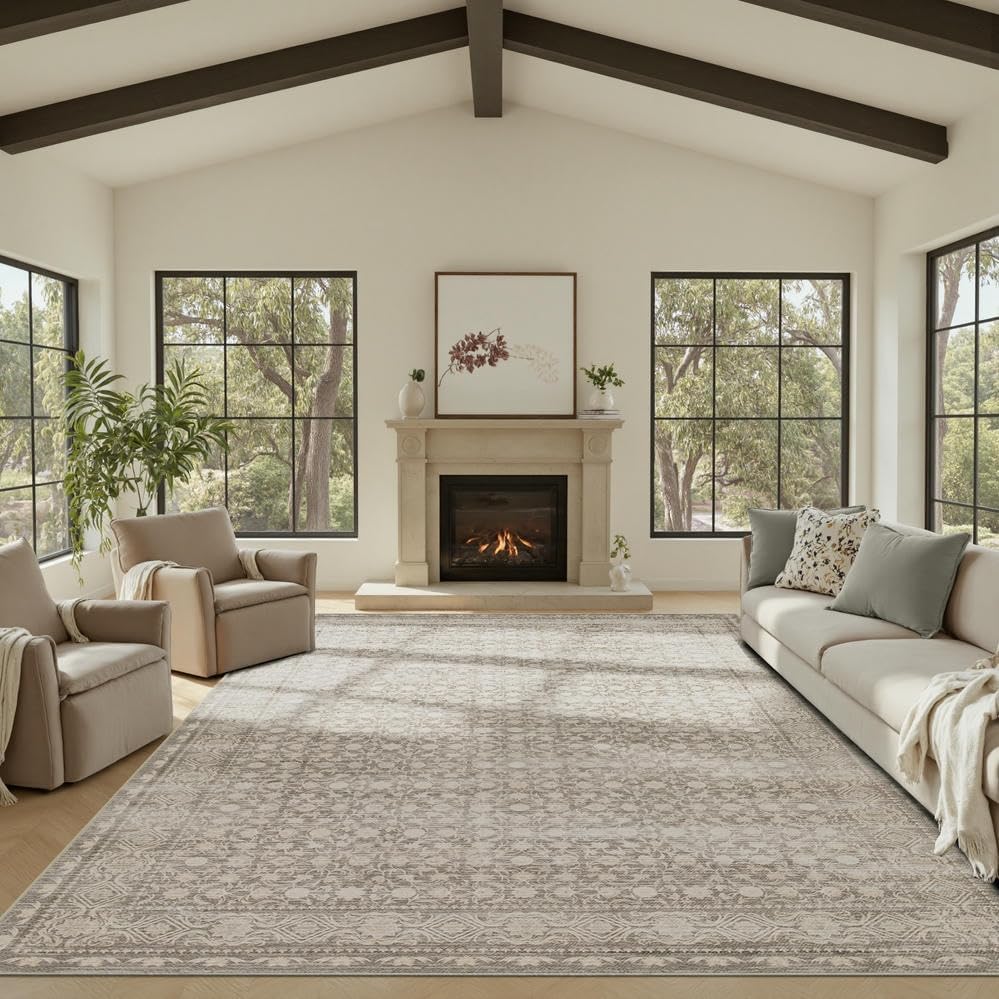 8x10 Washable Area Rug for Living Room, Extra Large Neutral Vintage Boho Rugs for Dining Room, Kids Room, Farmhouse, Durable Low Pile Non Slip Carpet for High Traffic Areas, Apricot
