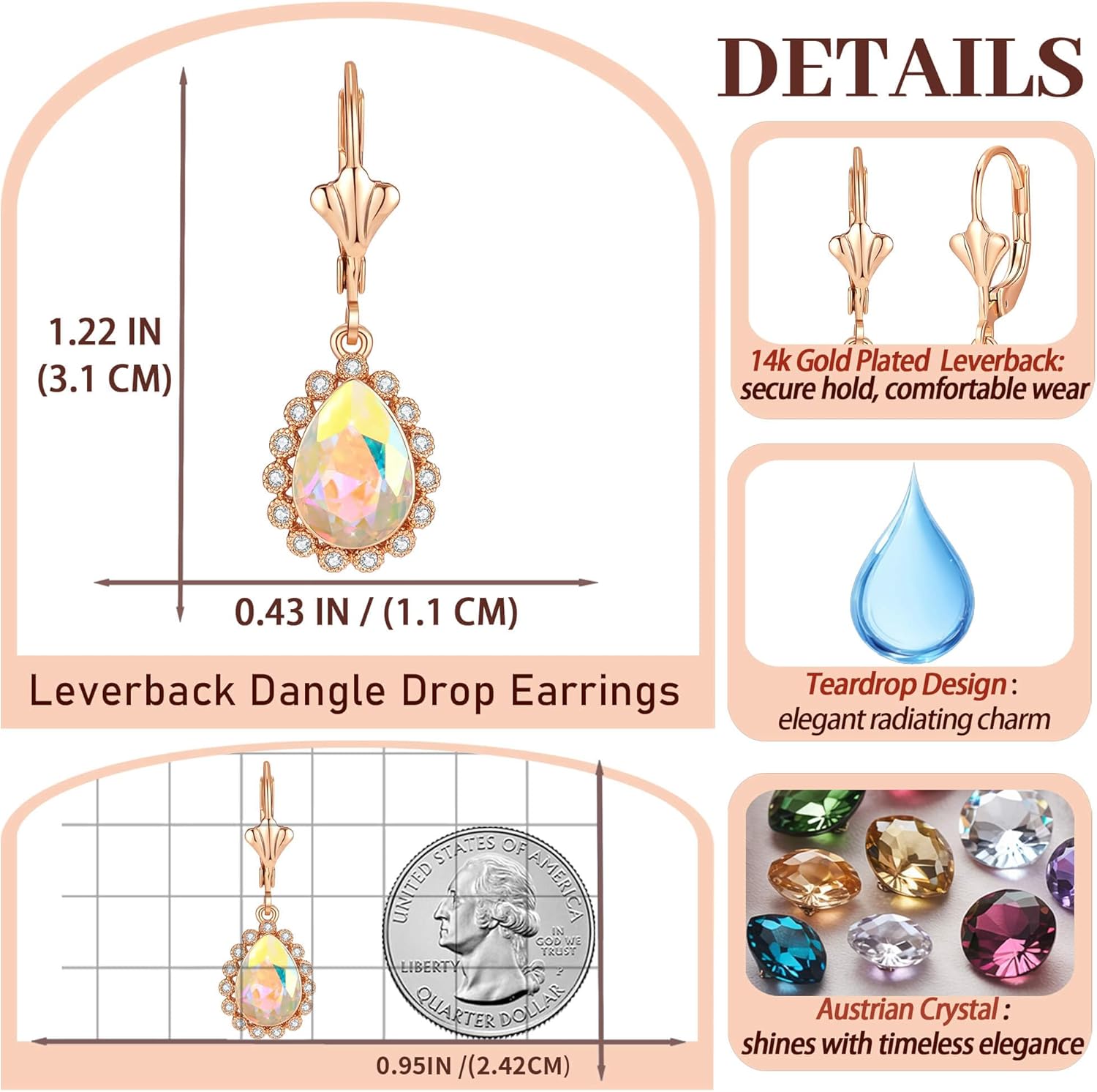 EVEVIC Austrian Crystal Teardrop Leverback Earrings for Women 14K Gold Plated Halo Dangle Drop Earring Jewelry Gifts - Image 6
