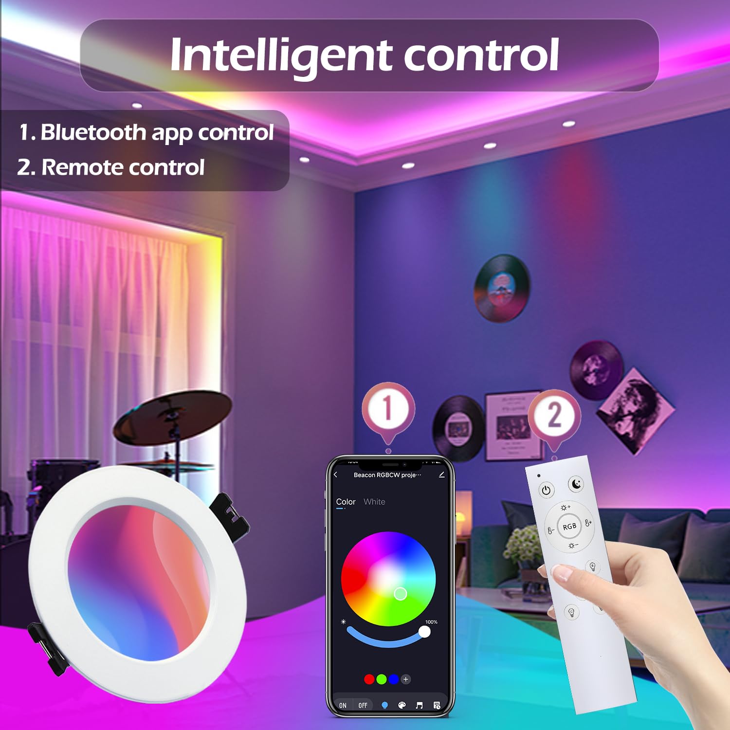 Downlight Led Techo Empotrable 230V 7W, RGB & Blanco Frío a Cálido Regulable Inteligente APP Bluetooth foco empotrable, alu, Ojos de Buey LED para baño/cocina IP44, 4 Pack