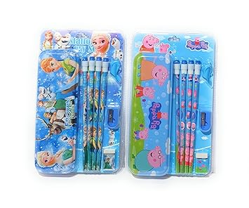 The Ethnicity cartoon printed stationary kit birthday return gift for kids boys girls includes 1 metal pencil box , 4 pencils, 1 eraser , 1 pencil grip and 1 sharpener ( Mix Designs ) Multicolor for 3 years and above (Pack of 1 Girls)