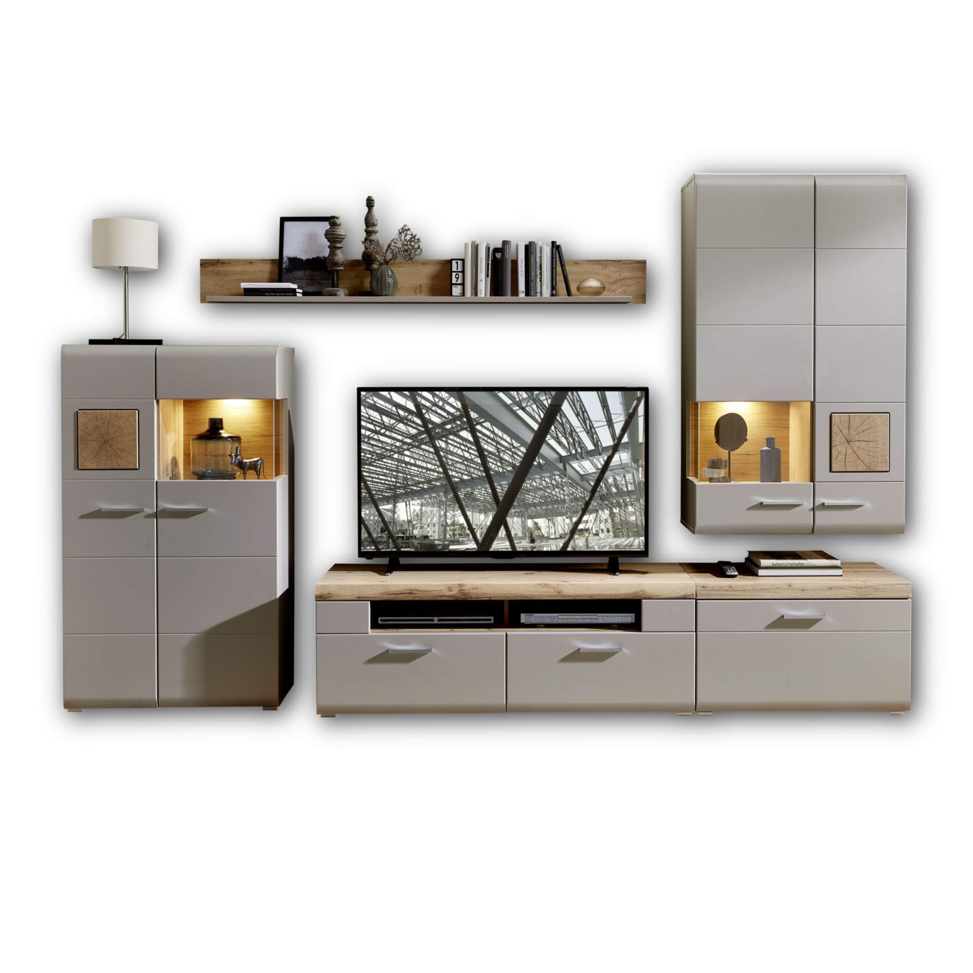 Stella Trading FUN PLUS 2 Wohnwand – Komplett-Set mit Hirnholz-Applikationen & Basalt-Dekor (320 x 205 x 47 cm)