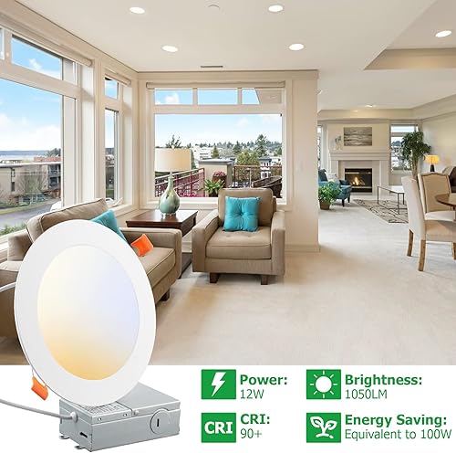 Miniatura 2 de Iluminación LED empotrable de 6 pulgadas, paquete de 12 unidades, 5 CCT, 6 pulgadas, con caja de conexión, 2700K, 3000K, 3500K, 4000K o 5000K, el