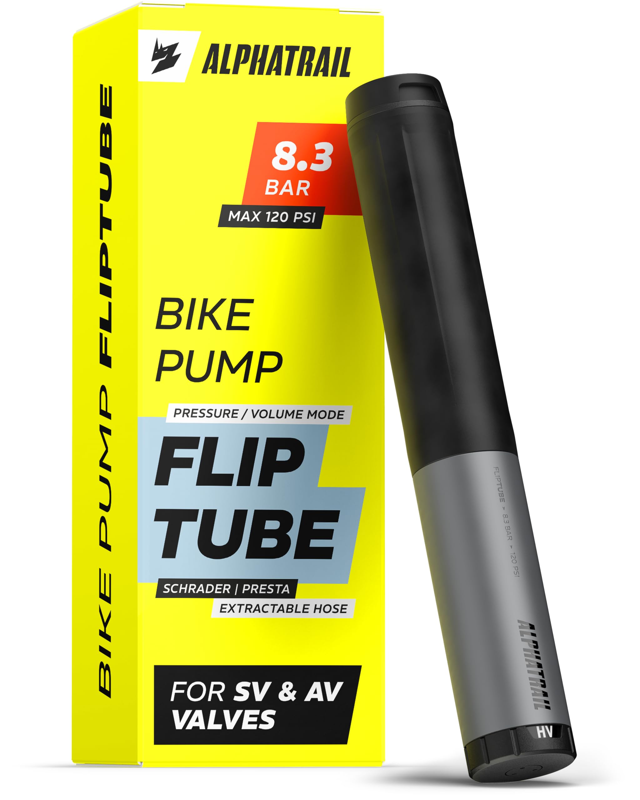 Alphatrail FlipTube Mini Bike Pump, 120 PSI / 8.3 bar | 2 Pump Modes for Volume & Pressure | Screw-On Flip-Twin Valve Head for Presta & Schrader/Auto | Extendable Hose, Frame Mount