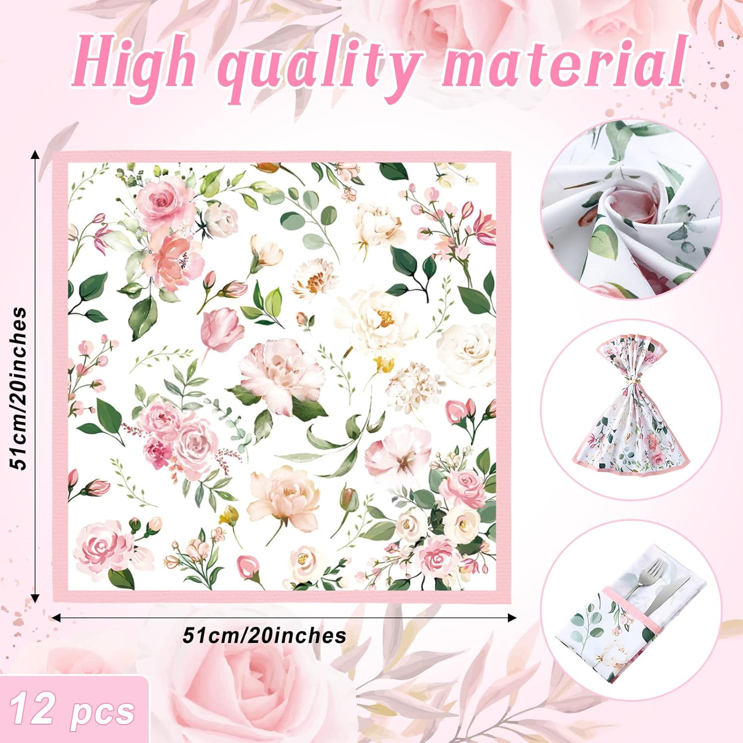 12 Pcs Floral Cloth Napkins 20'' x 20'' Washable Dinner Tea Party Napkins for Kitchen Party Wedding Restaurant Indoor Outdoor Botanical Fresh Spring Summer